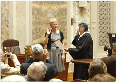 Supreme Court Chief Justice Shirley S. Abrahamson swears in Rep. Debra Kolste, D-Janesville, during a Jan. 3 ceremony in the Supreme Court Hearing Room.
