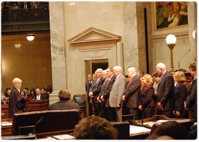Supreme Court Justice Patience Drake Roggensack swore in new members of the state Senate during a ceremony in the Senate Chambers at the Capitol on Jan. 3.