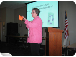 Jane Colwin, State Law librarian, discusses resources available for self-represented litigants at the Public Library Initiative workshop in Waukesha County.