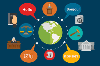 illustration with several court icons and word bubbles with 'hello' in different languages