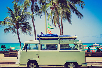 Volkswagen bus in front of palm trees on a sunny day