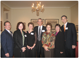 Four Wisconsin judges met with the U.S. Ambassador to the Netherlands during a recent judicial conference at The Hague.  Pictured (left to right):  Milwaukee County Circuit Court Judge Jeffrey A. Conen; guests Leanne Walker and Jean Needham; St. Croix County Circuit Court Judge Scott R. Needham, Ambassador Fay Hartog Levin; Court of Appeals Judge Joan F. Kessler; and Milwaukee County Circuit Court Judge David L. Borowski. (Photo credit:  Taylor Stout)