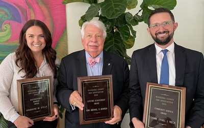In the latest legal community recognition, Judge Michael Bohren, Waukesha County Circuit Court (center), received a prestigious lifetime achievement award from the Waukesha Bar Association at an event on May 16. Court Commissioner Daniel Rieck (right) was bestowed with the Community Service Award, while attorney AnnMarie Sylla (left) was honored with the Distinguished Member Award