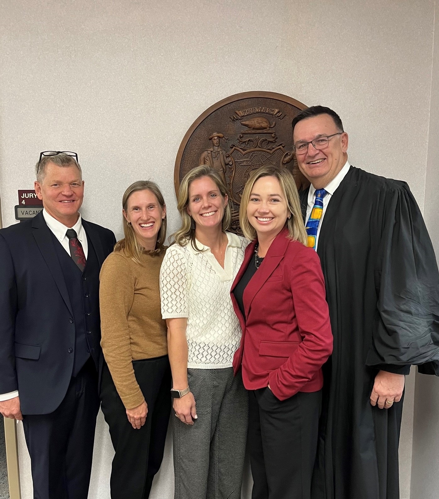 The Fairness Challenge site visits took place October 17. Pictured: Judge Kuhlman (Toledo, OH), Lesey De Paz (Minneapolis, MN), Emily LaGratta (NYC, NY), DCA Anya Crossland, Chief Judge Scott Horne (D7).