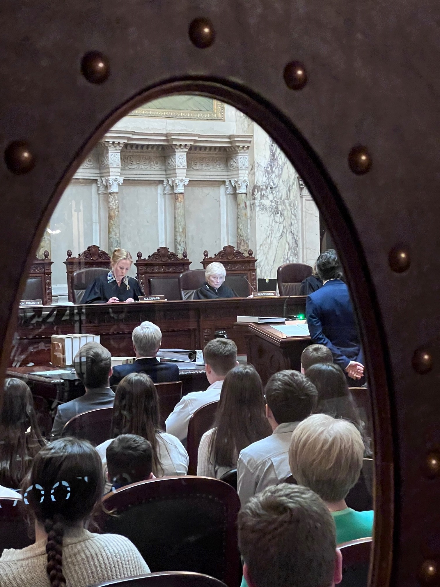 Justice Patience Drake Roggensack and Chief Justice Annette Kingsland Ziegler listen to an attorney during the Supreme Court’s last scheduled oral argument of the 2022-23 term on April 19 in the Supreme Court Hearing Room